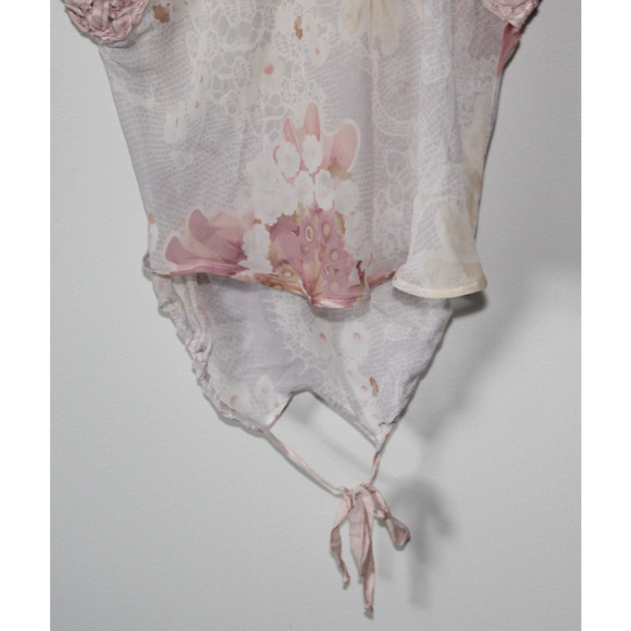 Emamo Silk Floral Sheer Tunic Blouse M Coquette Cottage Romantic Peasant Boho - Picture 4 of 16